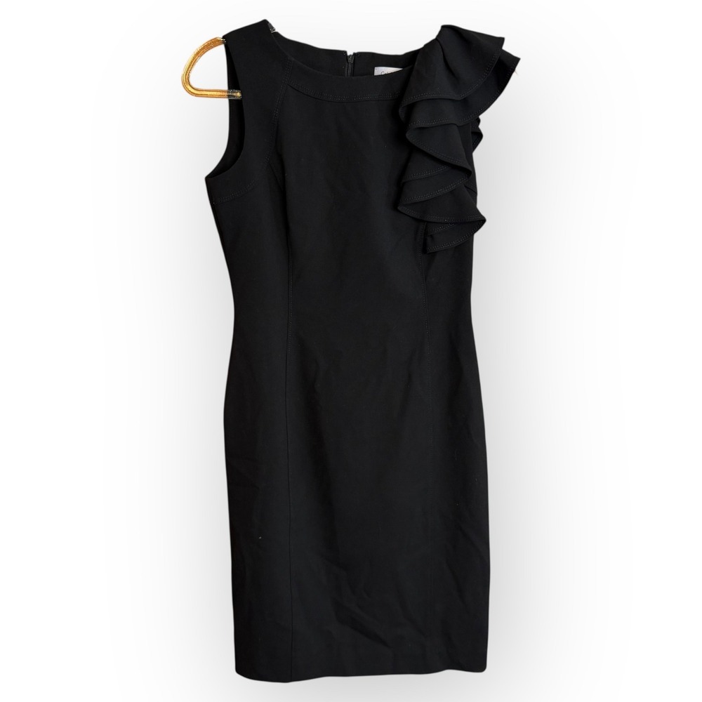 Calvin Klein Black Dress Size 2 Sleeveless Lined Ruffle Sheath Cocktail‎ Party